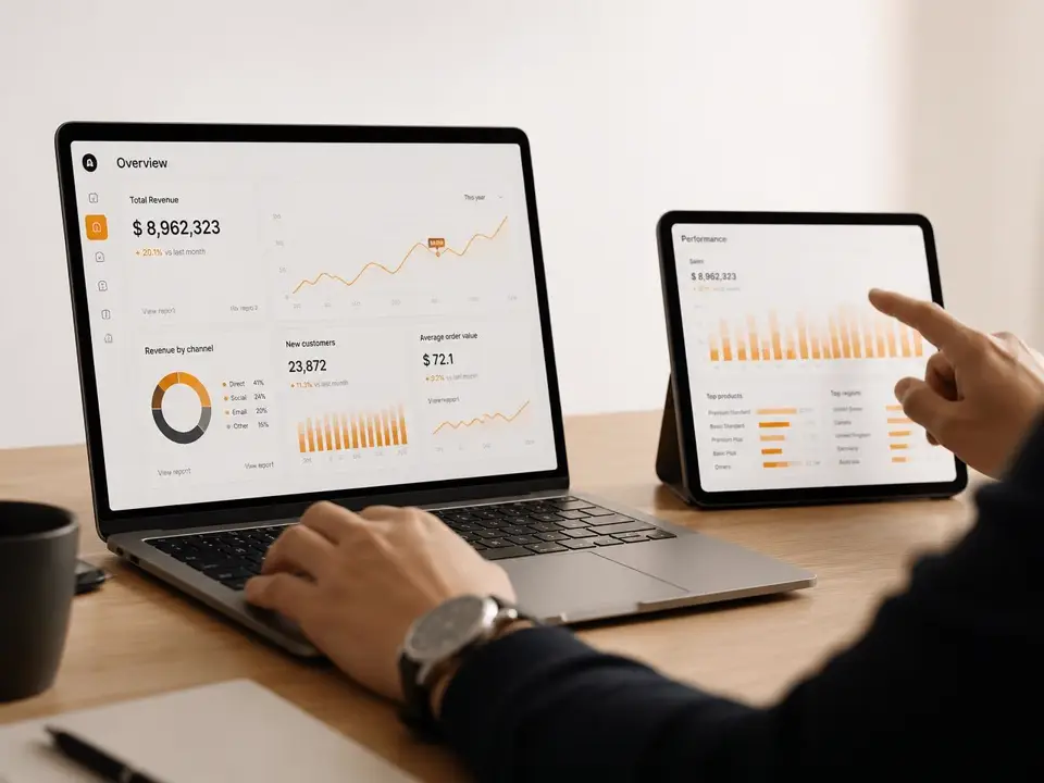 Analytics dashboards showing revenue growth on a laptop and tablet