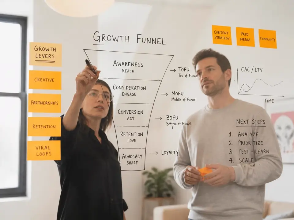 Lentrade strategists mapping a growth funnel on a glass whiteboard