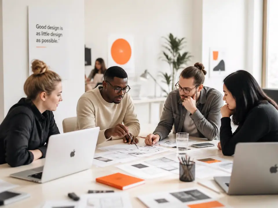 Lentrade designers and engineers reviewing wireframes together in the St. Petersburg studio